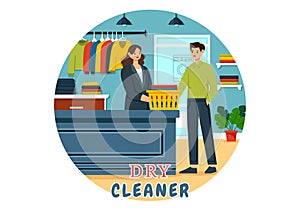 Dry Cleaning Store Service Vector Illustration with Washing Machines, Dryers and Laundry for Clean Clothing in Flat Cartoon