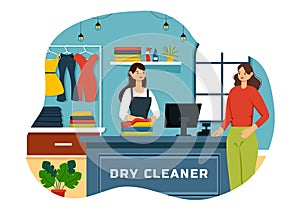 Dry Cleaning Store Service Vector Illustration with Washing Machines, Dryers and Laundry for Clean Clothing in Flat Cartoon