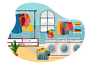 Dry Cleaning Store Service Vector Illustration with Washing Machines, Dryers and Laundry for Clean Clothing in Flat Cartoon