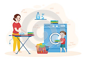 Dry Cleaning Store Service with Washing Machines, Dryers and Laundry for Clean Clothing in Flat Cartoon Illustration