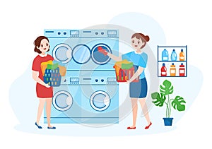 Dry Cleaning Store Service with Washing Machines, Dryers and Laundry for Clean Clothing in Flat Cartoon Illustration