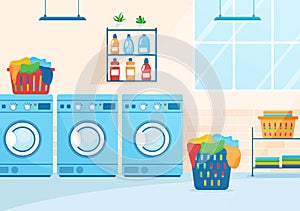 Dry Cleaning Store Service with Washing Machines, Dryers and Laundry for Clean Clothing in Flat Cartoon Illustration