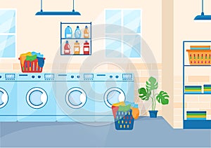 Dry Cleaning Store Service with Washing Machines, Dryers and Laundry for Clean Clothing in Flat Cartoon Illustration