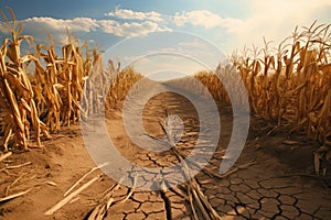 Dry corn field with blue sky and white clouds - vintage style, Drought in a cornfield, AI Generated