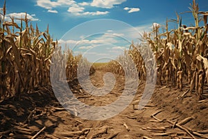 Dry corn field in the sunset light with blue sky background, Drought in a cornfield, AI Generated