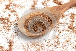 Dry Corn Silk Herb into a spoon. Stigmata Maydis photo