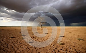 A dry, cracked and barren landscape with a lone tree in the middle and a storm cloud in the background. Generative AI illustration