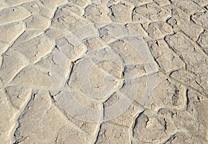 Dry cracked and caked lakebed in desert