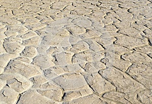 Dry cracked and caked lakebed in desert