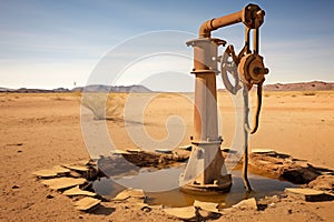 Dry cracked desert with rusty water pump. Drought and water scarcity caused by global warming.