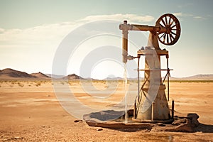 Dry cracked desert with rusty water pump. Drought and water scarcity caused by global warming.