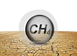 Dry cracked earth and bubble with CH4 text isolated on a white background. Global warming or change climate concept. photo