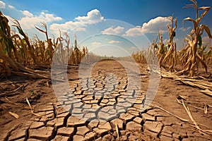 Dry and cracked earth in a corn field with blue sky background, Drought in a cornfield, AI Generated