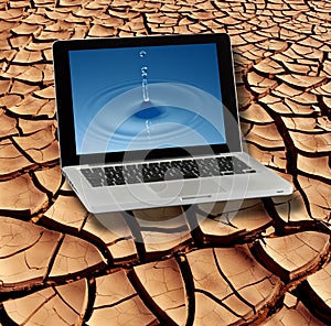 Dry Cracked Earth & Pure Water on Laptop Screen