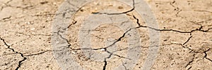 Dry cracked ground as background, closeup. Banner design