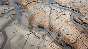Dry and cracked ground, dry for lack of rain. Dried up and shallow river bed. Consequences of global warming such as