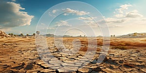 Dry cracked land, deserted landscape of broken ground, drought view