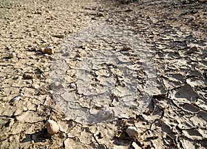 Dry and cracked mud in a river bed