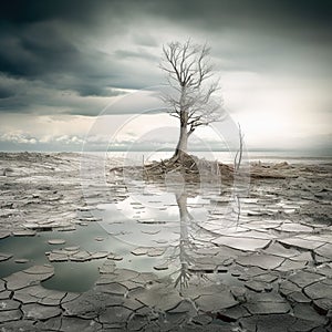 Dry cracked soil with a dead tree against the backdrop of a cloudy sky. AI-generated.