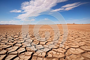 Dry and cracked soil in the desert under the rays of the scorching sun