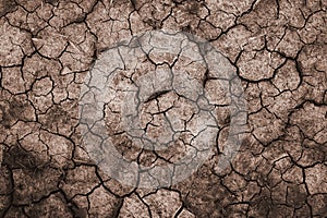 Dry and cracked soil ground during drought, viewed from above