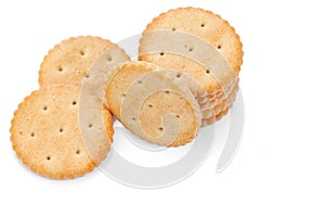 Dry cracker cookies isolated on white background. Saltines isolated. Top view, concept of food. Close-up