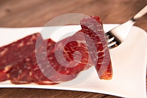 Dry-cured Spanish ham, Serrano ham, Bellota ham, Italian prosciutto crudo or Parma ham, wagyu slice
