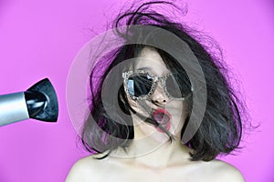 Dry and damaged hair, Hair loss problems cause by heat hair styling tools hair dryer, Funny girl and bad day