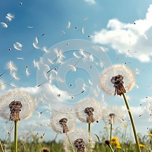 Dry dandelion flowers and flying fluff seeds against the blue sky, beautiful romantic floral