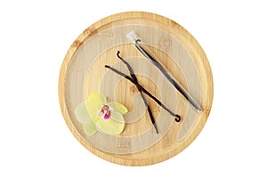 Dry dark brown vanilla pods and yellow orchid flower on bamboo wooden plate isolated on white background. Single vanilla stick in