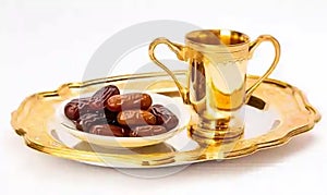 Dry Dates fruit on arabic gold plate and Traditional arabic coffee mug , Generative AI