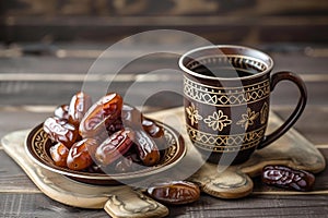 Dry Dates fruit on arabic gold plate and Traditional arabic coffee mug, Generative AI