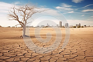 Dry dead tree in desert with a dry, cracked ground with city photo