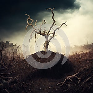 A dry dead tree on a hill in a gloomy forest. Image taken by AI