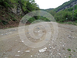 A dry dirt road under, a cloudy blue sky, leading to a forest