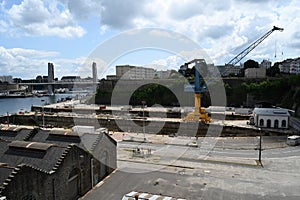 Dry docks and port crane of Brest with the La Recouvrance bridge in the background