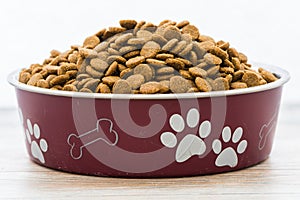 Dry dog and cat food in scratched red bowl.  Pile of kibblses