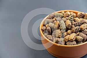 Dry dog food in a brown clay bowl against a gray background. The pellets are oval in shape. Food for neutered and spayed pets.