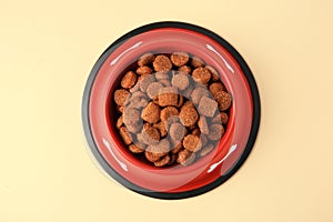 Dry dog food in feeding bowl on beige background, top view