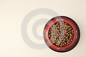 Dry dog food in feeding bowl on beige background, top view. Space for text