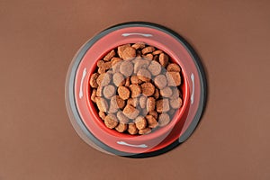 Dry dog food in feeding bowl on brown background, top view