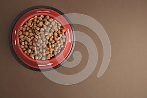 Dry dog food in feeding bowl on brown background, top view. Space for text