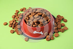 Dry dog food and feeding bowl on light green background