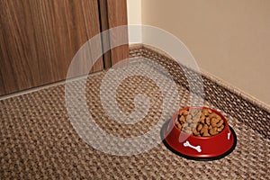 Dry dog food in feeding bowl on soft carpet indoors. Space for text