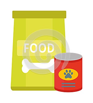 Dry dog treats in bowl and big bag of food animal snack canine nutrition vector illustration.