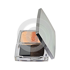 Dry face powder in silver square casket with makeup brush isolated on white