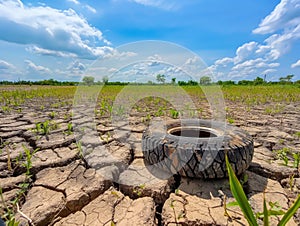 Dry Farmland with Discarded Tire