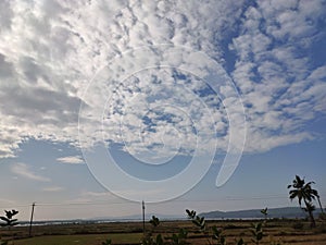 Dry field blue cloudy sky and backwater at distance