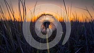 Dry field at sunset provides backdrop for lonely dandelion