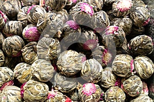 Dry flower tea Background dried petals of rose Healing herbs herbal medicine. Top view blur textures soft focus